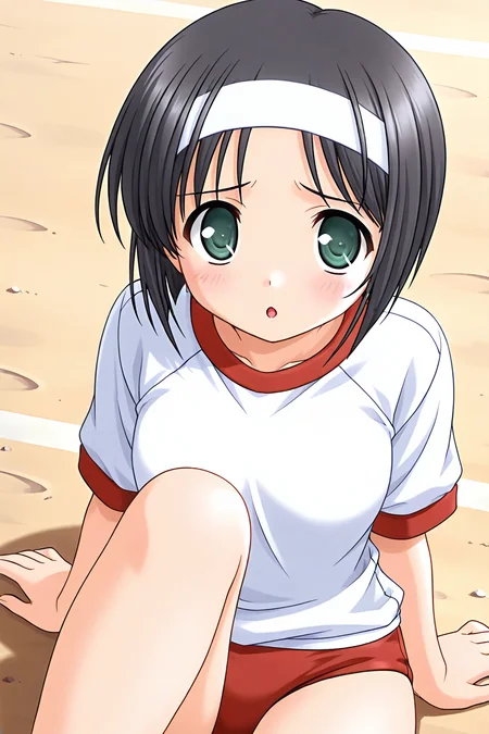 masterpiece, best quality, absurdres, official art, official style, general BREAK <lora:akiyamafumio_IL_v1-1:0.7>, akiyama fumio, kyuudou, 1girl, solo, green eyes, black hair, short hair, parted bangs, white headband, gym uniform, white shirt, t-shirt, short sleeves, red buruma, blush, cowboy shot, :o, thigh gap, looking at viewer, open mouth, embarrassed, frown, sitting, knee up, knees together feet apart, on ground, outdoors