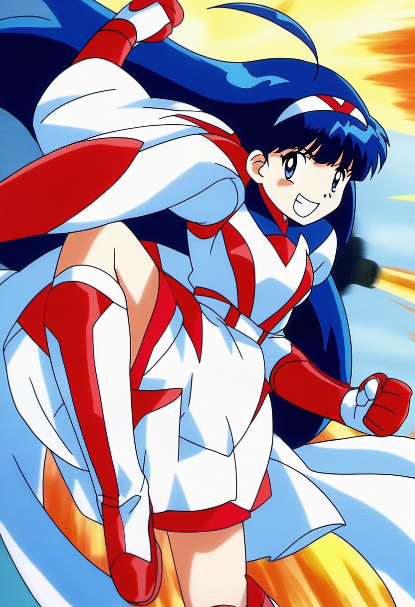 masterpiece, best quality, very aesthetic, absurdres, anime_screencap,
1girl, solo, <lora:Tsurugino_Hikari_XL:1>, Tsurugino_Hikari, long hair, blue hair, 1990s (style), hairband, blue eyes, bangs, ahoge, small breasts,
white cloth, gloves, knee boots, open mouth, red boots, armor, skirt, smile, long sleeves, looking at viewer, red footwear,
smile,grin,teeth,
explosion,p4nch, looking at viewer, punching, clenched hand, motion lines, fighting stance,