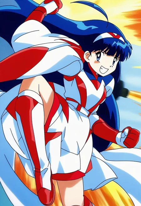 masterpiece, best quality, very aesthetic, absurdres, anime_screencap,
1girl, solo, <lora:Tsurugino_Hikari_XL:1>, Tsurugino_Hikari, long hair, blue hair, 1990s (style), hairband, blue eyes, bangs, ahoge, small breasts,
white cloth, gloves, knee boots, open mouth, red boots, armor, skirt, smile, long sleeves, looking at viewer, red footwear,
smile,grin,teeth,
explosion,p4nch, looking at viewer, punching, clenched hand, motion lines, fighting stance,