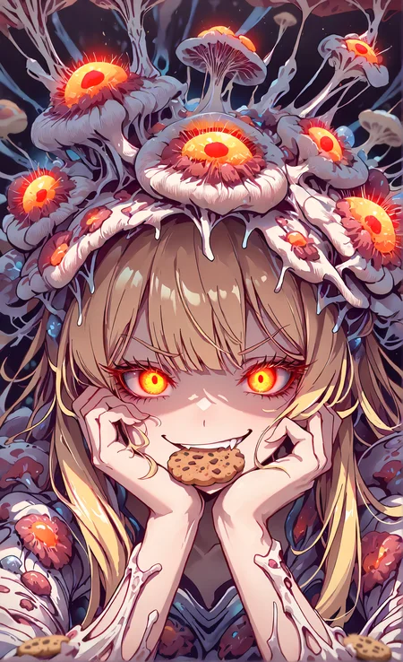masterpiece, sharp detail, intricate detail, hair shader, 1girl, <lora:MyceliumT-000014:1>, myceliumt, blonde hair, myceliumt dress, full body, glowing eyes, detailed eyes, gradient eyes, eyelashes, detailed face, detailed eyes, looking at viewer, smile, cookie in mouth, close-up face, arm on own face, smirk,