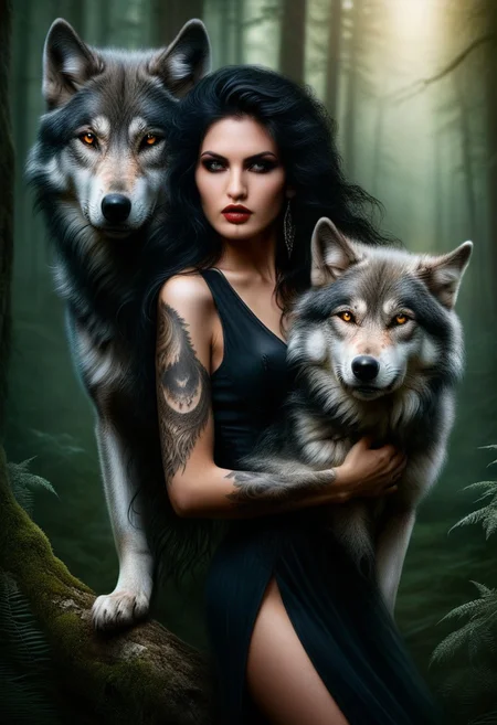 A striking portrait of a woman with dark, 
flowing hair, 
bold makeup, 
and intricate tattoos embracing a wolf against a mystical forest backdrop. The woman exudes a powerful aura, 
merging elegance with a fierce wildness. The wolf, 
with piercing amber eyes, 
adds an element of mystery. Showcase themes of beauty and nature, 
echoing strength and harmony with the wild.