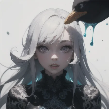 masterpiece, best quality, penguin, large eyes, (cartoon), upper body, splashing, abstract, psychedelic, (neon:0.8), extremely detailed, (white background:1.3), ink, (creative:1.3), intricate detail, (pretty face), dynamic lighting, natural lighting, (black:1.3),(white:1), photorealistic, sy3 <lora:Sy3:0.35> <lora:ink-0.1-3-b28-bf16-D128-A1-1-ep64-768-DAdaptation-cosine:1>