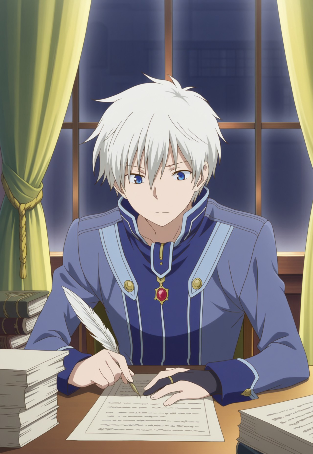 masterpiece,best quality,amazing quality, source_anime, 

ZenWistaria, 1boy, male focus, solo, blue eyes, white hair, jacket, blue jacket, high collar, long sleeves, single bridal gauntlets, sitting, window, desk, books, papers, curtains, quill,
