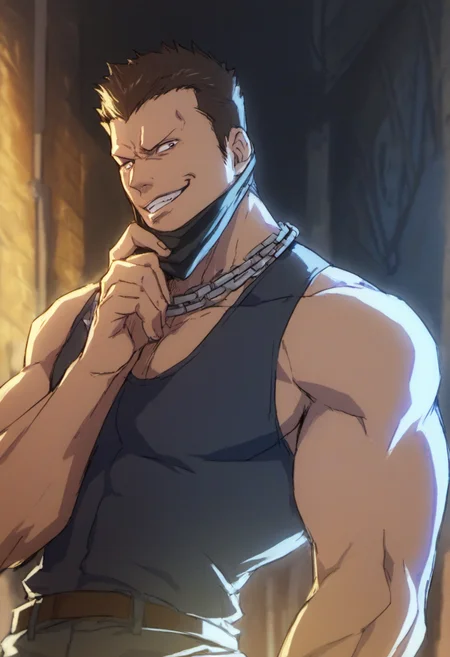 1boy, Criminal, buzz hair, black mask, pull down mask, chain necklace, black_hair, score_8_up, score_7_up, score_6_up, score_9_up, stand at alley, fantasy, bare arms,hand on chin, tight black tanktop,(manly),face_focus, middle-age man, muscular, centered,looking at viewer, detailed eyes, 8k uhd, high quality, no eyebrow,  ((evil_grin))