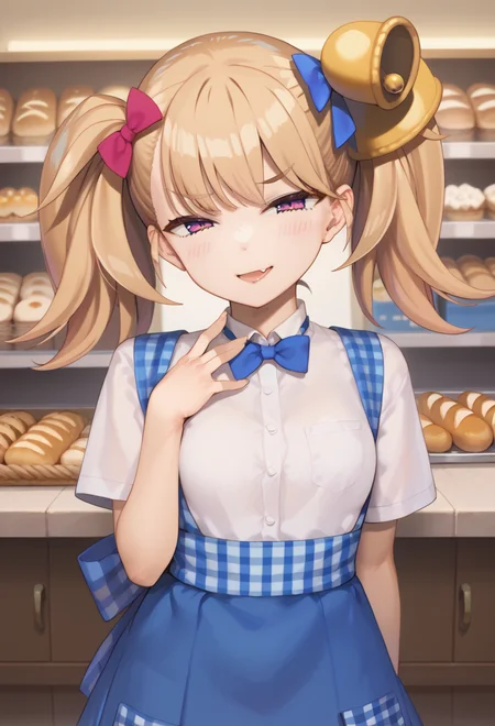 score_9, score_8_up, score_7_up, source_anime, 1girl, solo, solo focus, rating:safe,
msgk_ririn_chan, short, short stature,
fang, twintails, hair bow, hair ornament, bell,
<lora:Msgk-Ririn-chan-Pony-v2-rev2_1-000019:0.9> blush, head tilt,
<lora:kobeya_Pony_v1:0.7> kobeya uniform, blue skirt, blue neckwear, blue gingham apron,
bakery, a lot of bread, store clerk,
<lora:Mesugaki_Concept_v1.1:0.8> mesugaki, smug, skin fang,
<lora:HandFixer_pdxl_Incrs_v1:1> handfixer