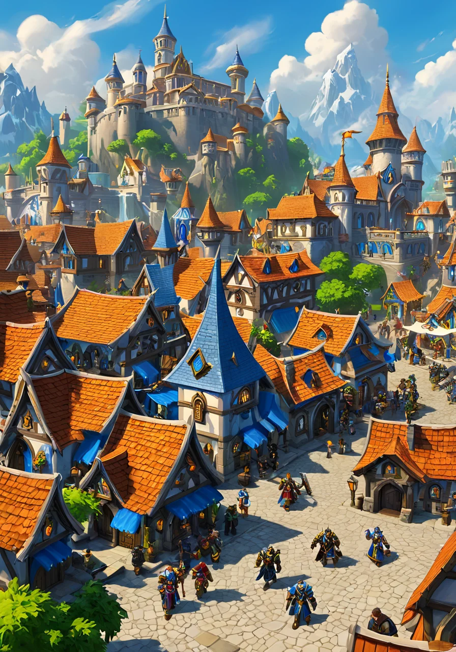 a group of people in Stormwind, wisosdxl, best quality, masterpiece, isometric scene, warcraft, fantasy, <lora:wisosdxl:1>