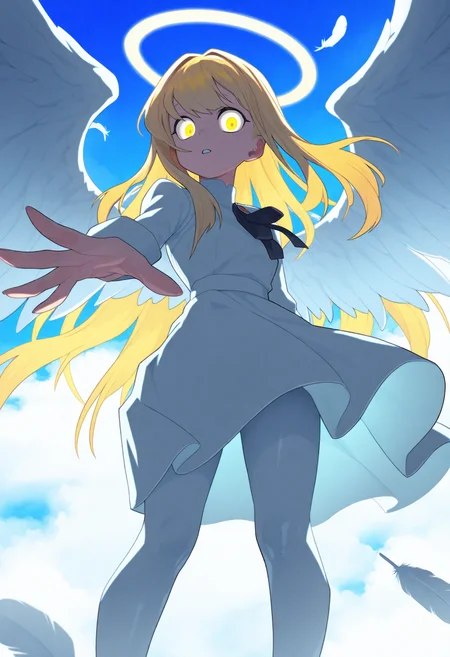 best quality, amazing quality, very aesthetic, absurdres,
BREAK
1girl, long hair, blonde hair, white theme, angel wings, white dress, feathers, sky, detailed background, white background, halo, white pantyhose, spread wings, outstretched, blue sky, cloud,
looking at viewer, yellow eyes, glowing eyes,  <lora:Hata4564Noob_byKonan:1>