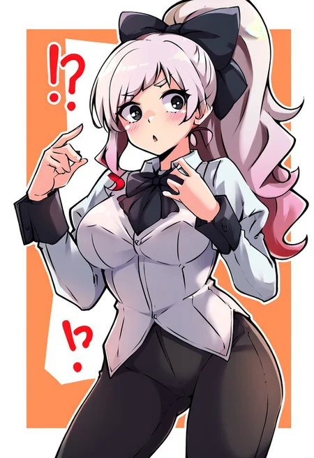 score_9, score_8_up, score_7_up, score_6_up, score_5_up, score_4_up, source_cartoon, <lora:confetti-extract- ponyxl:0.85>, detailed eyes, easynegative, rating_explicit, Expressiveh, 1girl, solo, moz
Geraldine, shirt, long sleeves,  white shirt, white hair, ponytail, sidelocks, thighs, hair bow, collared shirt, pants, puffy sleeves, bowtie, black eyes,  wrist cuffs, black bow, dress shirt, swept bangs, black pants,  high ponytail, juliet sleeves,  black bowtie,  sleeve cuffs, traditional bowtie, necktie, shy, blush, embarassed
big breasts, , looking at viewer