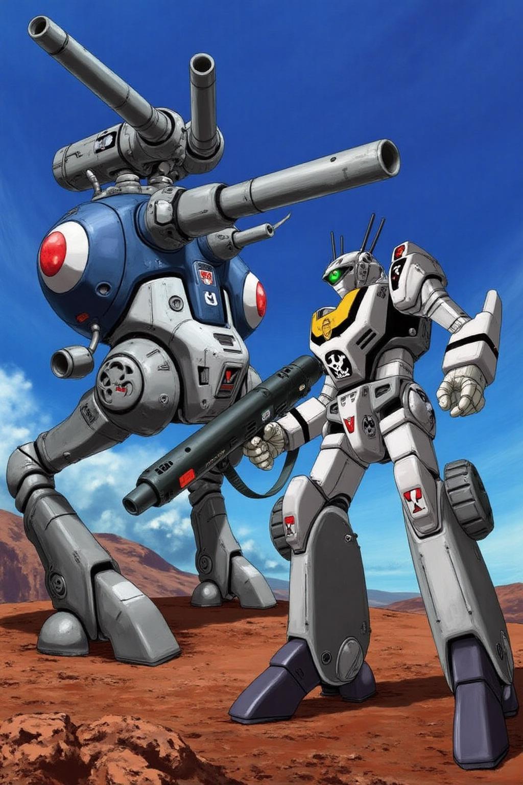 m9cha illustration.  
Two robots are fighting on an alien planet.
The robot on the left is a a futuristic biped combat robot, depicted in a stylized, realistic manner. The robot stands on two legs and has a spherical body with a cylindrical top section that houses two large cannon, which appears to be a primary weapon. The body is predominantly a sleek, metallic blue color with white accents and has a matte finish, giving it a futuristic and mechanical appearance. The robot has one single mono eye, which is glowing red.
The robot on the right is humanoid combat robot, specifically a mecha, designed in a futuristic, anime-inspired style. The robot, standing upright, has a sleek, armored body with a predominantly silver and white color scheme. Its torso features a prominent yellow stripe running horizontally across the chest, and it bears a skull emblem on its chest plate, suggesting a military or combat theme. It holding a rifle in its hand. <lora:macmecha1_cap_d6a3e11:1.0><lora:820688647624986766:0>