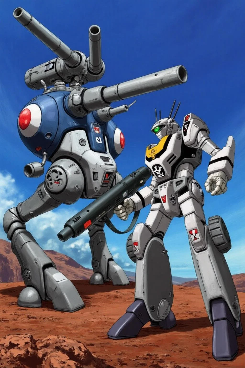 m9cha illustration.
Two robots are fighting on an alien planet.
The robot on the left is a a futuristic biped combat robot, depicted in a stylized, realistic manner. The robot stands on two legs and has a spherical body with a cylindrical top section that houses two large cannon, which appears to be a primary weapon. The body is predominantly a sleek, metallic blue color with white accents and has a matte finish, giving it a futuristic and mechanical appearance. The robot has one single mono eye, which is glowing red.
The robot on the right is humanoid combat robot, specifically a mecha, designed in a futuristic, anime-inspired style. The robot, standing upright, has a sleek, armored body with a predominantly silver and white color scheme. Its torso features a prominent yellow stripe running horizontally across the chest, and it bears a skull emblem on its chest plate, suggesting a military or combat theme. It holding a rifle in its hand. <lora:macmecha1_cap_d6a3e11:1.0><lora:820688647624986766:0>