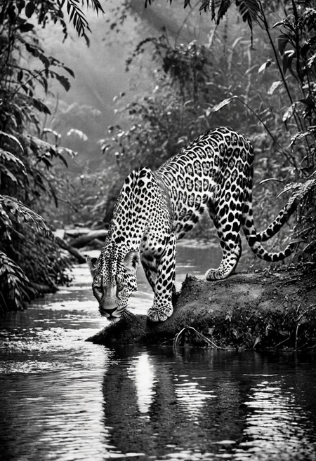 a (black and white:1.5) photo of a leopard, in the jungle, drinking at the at the edge of a river, at dusk, dense jungle forest, dramatic lights, shallow depth of field, blurred background, extreme details, intricate details, 8k, 35mm photo, photorealism, realistic photo, national geographic style, masterpiece, film photography style