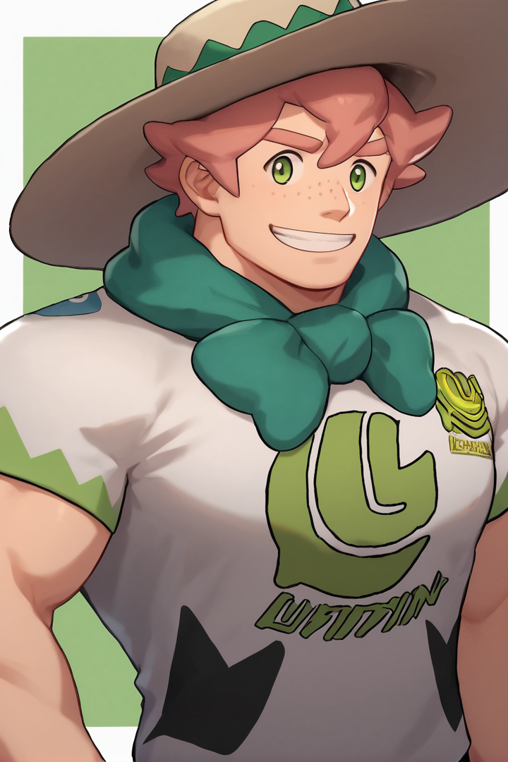 score_9, score_8_up, score_7_up, source_anime, 
Milo, 1boy, solo, green eyes, pink hair, hat, freckles, male focus, t-shirt, bara, muscular, smile
<lora:detailed_notrigger:1><lora:Milo_-_Pokemon_Sword__Shield:1> <lora:Smoothanime:1>