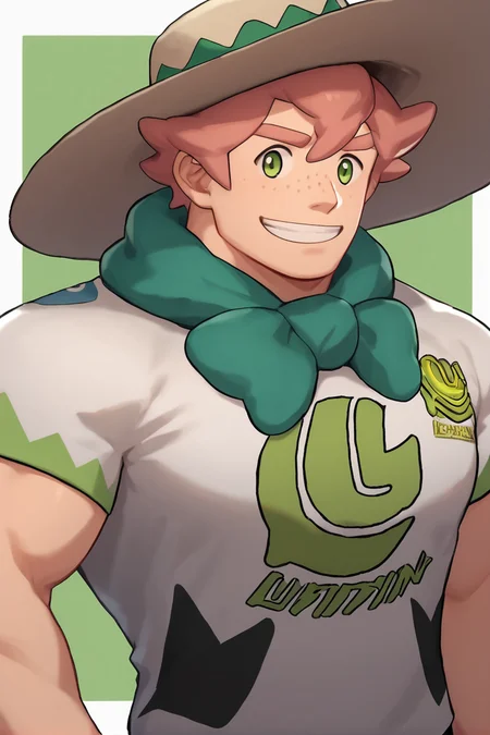 score_9, score_8_up, score_7_up, source_anime,
Milo, 1boy, solo, green eyes, pink hair, hat, freckles, male focus, t-shirt, bara, muscular, smile
<lora:detailed_notrigger:1><lora:Milo_-_Pokemon_Sword__Shield:1> <lora:Smoothanime:1>