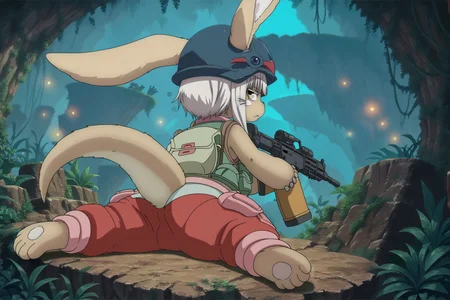 score_9, score_8_up, score_7_up, score_6_up, score_5_up, score_4_up, source_anime, full-length portrait, side view, rear view BREAK Mnanachi, solo, lagomorph, abyssal pants, bulletproof vest, military helmet, military uniform, one eye closed, serious, narrowed eyes, solo, holding rifle, rifle, belt pouch, on front, aiming weapon, jungle, ledge, overlooking valley, night, detailed background, clutter, dynamic, intricate <lora:Made In Abyss - CharactersXL v0.6b-000005:1> <lora:zy_Detailed_Backgrounds_v1:0.75>