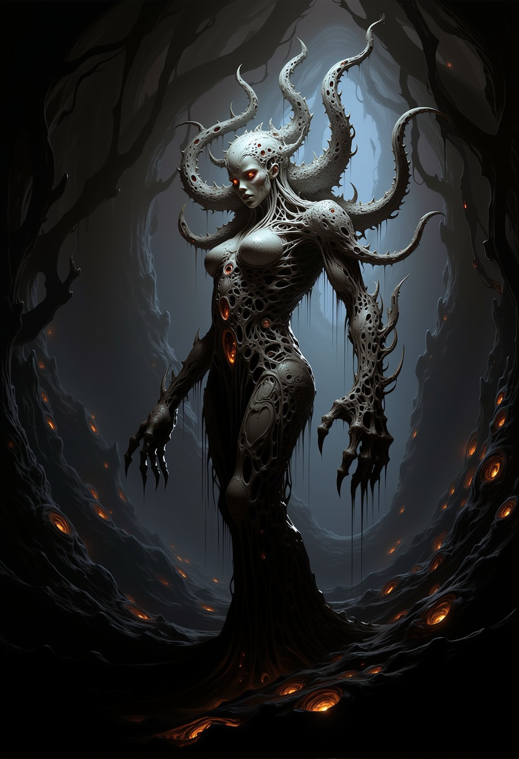 bv-mychorwo, mycelium, horror,. a twisted mycelium queen with elongated limbs wrapped in shifting, glowing spores that hint at parasitic life, captured in haunting, claustrophobic ambiance that makes the creature appear almost alive, surrounded by tendrils creeping towards the viewer, hinting at malevolent intent| A full-body shot of a bio-mechanical fungus deity with gnarled fungal armor that seems to be devouring the creatureâs flesh, standing in a haunted forest that seems alive, malevolence breathing through every root, featuring eyes glowing with a terrifying, predatory focus, rendered as a grim, hyper-detailed digital painting| A surreal fungal entity resembling a monstrous creature of mycelium with twisted, skeletal branches that extend like the fingers of a vengeful spirit, set against an alien landscape dominated by hostile, predatory fungi, depicted with iridescent, glistening highlights reflecting off its slimy, decayed surface, inspired by an eldritch nightmare evoking Lovecraftian cosmic terror} , <lora:bv-mycelium-horror-world-v1.safetensors:1.0:1.0>