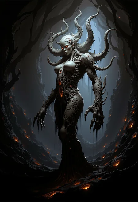 bv-mychorwo, mycelium, horror,. a twisted mycelium queen with elongated limbs wrapped in shifting, glowing spores that hint at parasitic life, captured in haunting, claustrophobic ambiance that makes the creature appear almost alive, surrounded by tendrils creeping towards the viewer, hinting at malevolent intent| A full-body shot of a bio-mechanical fungus deity with gnarled fungal armor that seems to be devouring the creatureâs flesh, standing in a haunted forest that seems alive, malevolence breathing through every root, featuring eyes glowing with a terrifying, predatory focus, rendered as a grim, hyper-detailed digital painting| A surreal fungal entity resembling a monstrous creature of mycelium with twisted, skeletal branches that extend like the fingers of a vengeful spirit, set against an alien landscape dominated by hostile, predatory fungi, depicted with iridescent, glistening highlights reflecting off its slimy, decayed surface, inspired by an eldritch nightmare evoking Lovecraftian cosmic terror} , <lora:bv-mycelium-horror-world-v1.safetensors:1.0:1.0>