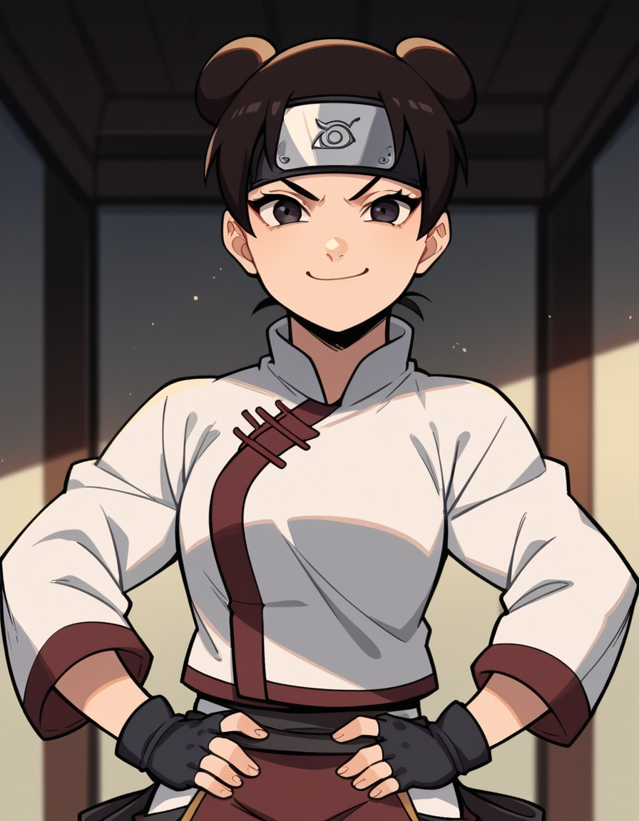 score_9, score_8_up, score_7_up, source_anime, <lora:tenten-shippuden-anime-ponyxl-lora-nochekaiser:1>, tenten, black hair, hair bun, double bun, black eyes,, shirt, gloves, long sleeves, white shirt, black gloves, pants, fingerless gloves, ninja, forehead protector, konohagakure symbol,, indoors, smug, smile, looking at viewer, solo, hands on hips,, cowboy shot, dutch angle