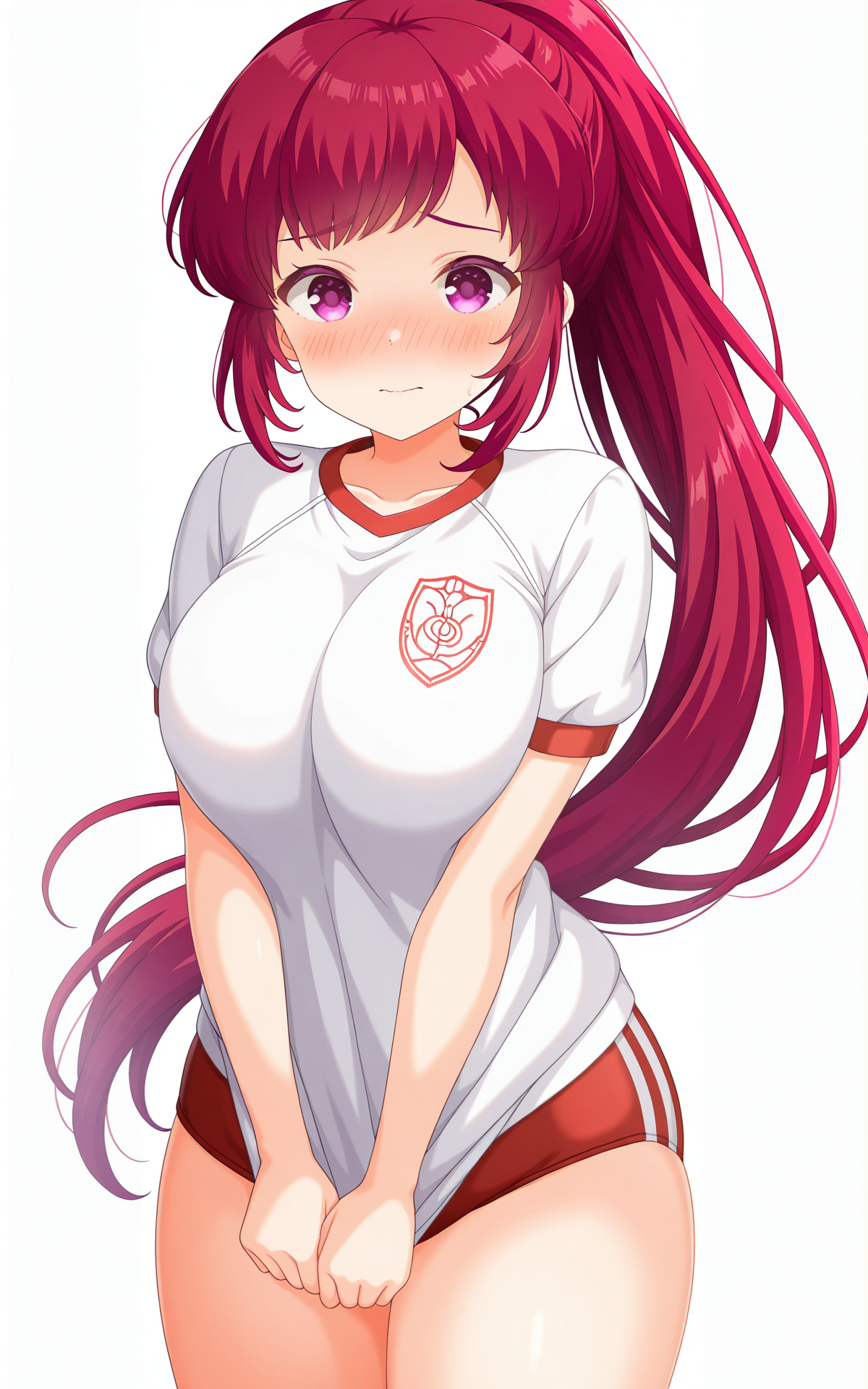 masterpiece, best quality, good quality, newest,4k, perfect lighting, cinematic, very aesthetic, official art, anime screencap, anime coloring,(((white background, simple background))),
1girl,solo,asami kei,long hair,purple hair,ponytail,purple eyes,large breasts,
seio gym uniform,white shirt, short sleeves,red buruma,thick thighs,
looking at viewer,blush,embarrassed,standing,shirt pull,pulled by self,covering crotch,facing viewer,BREAK
<lora:ILkei:1>