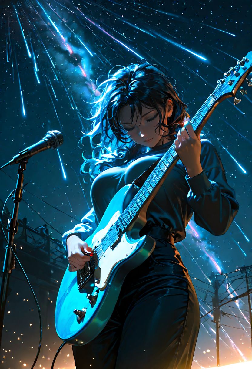 Smooth Quality, 1girl, solo, mature, instrument, microphone, meteor shower, starry sky, music, guitar, holding instrument, electric guitar, facing down, holding plectrum, messy hair, crazy hair, from below, cowboy shot, dynamic angle,  <lora:SmoothMix_Illustrious_v2:1> <lora:Smooth_Booster:0.5> <lora:Smooth_Lighting_Enhancer:0.5>
