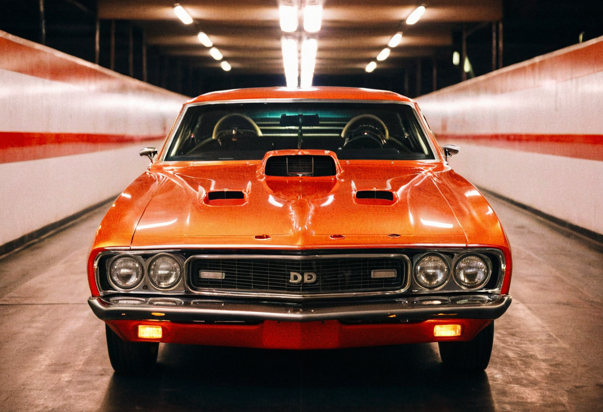VintageMuscleCar gleaming dragster tunnel, symmetrical front view, bright headlights, neon lights, glass background, light reflections, 4K, highly detailed, closeup (stylish grainy analog film photo 35mm vintage Kodachrome)