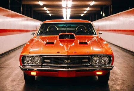 VintageMuscleCar gleaming dragster tunnel, symmetrical front view, bright headlights, neon lights, glass background, light reflections, 4K, highly detailed, closeup (stylish grainy analog film photo 35mm vintage Kodachrome)