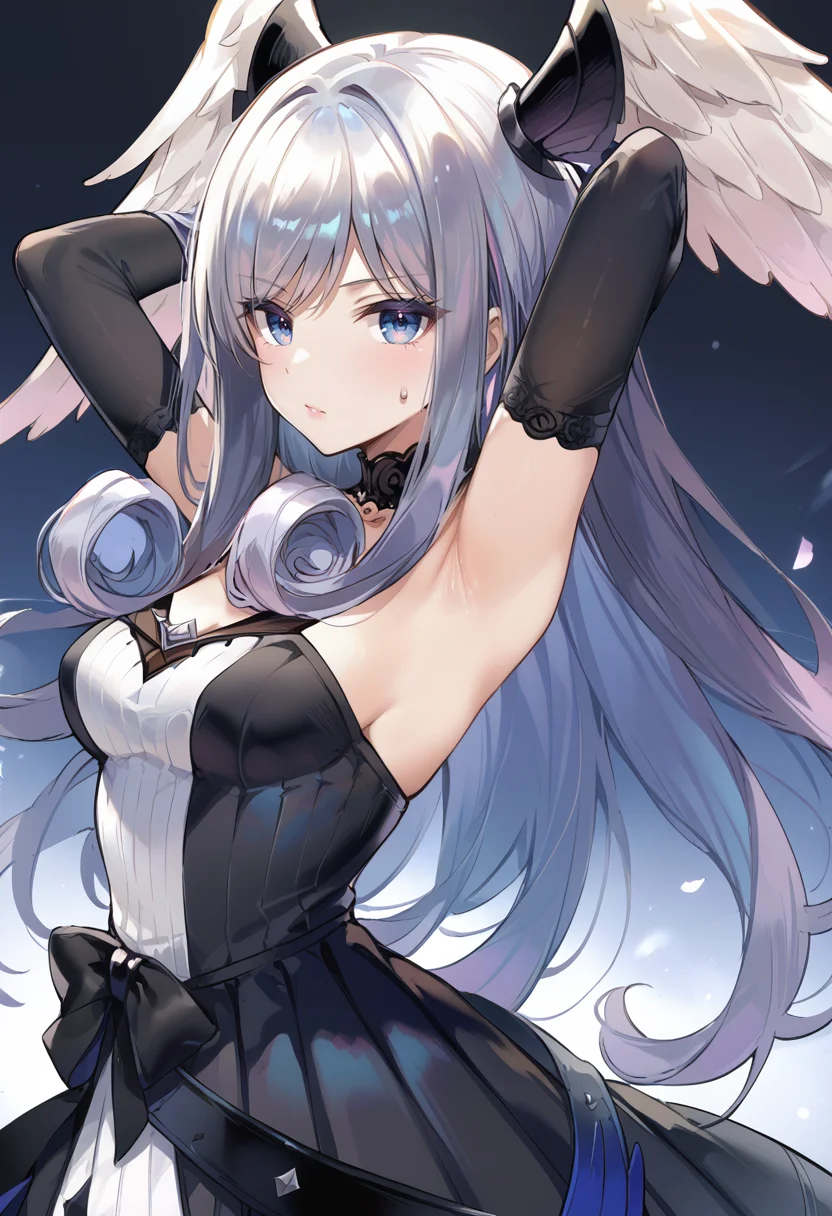 (score_9:0.9),score_8_up,score_7_up,rating_safe,anime style,(zPDXL),<lora:XB3 Melia Antiqua ponyXL v1:0.81>,melia antiqua xb3,1girl,solo,black dress,looking at viewer,medium breasts,black elbow gloves,bare shoulders,armpit,black choker,arms up,from side,sweatdrop,armpit crease,