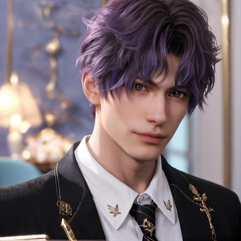 1boy,purple hair,black eyebrows,brown eyes,jacket,necktie,tie clip,shirt,lapel pin,pants,tight-fitting suit,depth of field,gorgeous background,formal,indoors,looking at viewer,male focus,solo,masterpiece,best quality,high quality,detailed hair,detailed face,detailed skin,realistic,<lora:L&DsRafayel(ZQ)_v1.0:0.5>,