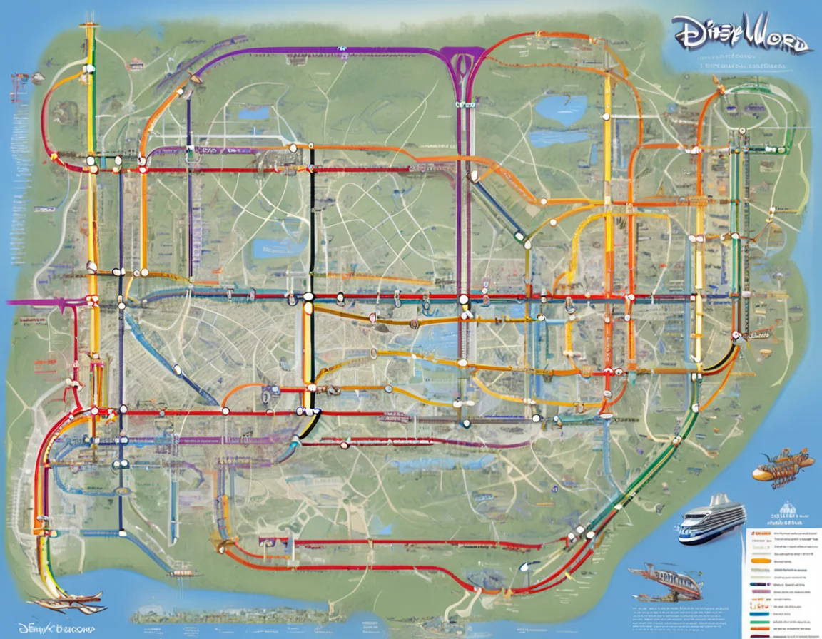 <lora:5ubw4ym4p_SDXL_SGX:1.0>illustration of a 5ubw4ym4p style map of the Disney World Monorail system, with detailed representation of the rail lines and stations, connecting Magic Kingdom, EPCOT, Animal Kingdom, and Hollywood Studios, thick straight lines color-coded, with different colors representing different types of lines and stations, such as red, blue, green, yellow, orange, and purple. simple white background, highly detailed, sharp focus