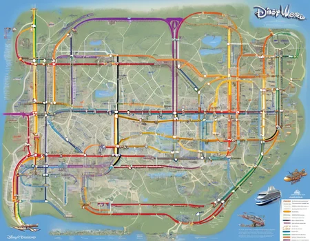<lora:5ubw4ym4p_SDXL_SGX:1.0>illustration of a 5ubw4ym4p style map of the Disney World Monorail system, with detailed representation of the rail lines and stations, connecting Magic Kingdom, EPCOT, Animal Kingdom, and Hollywood Studios, thick straight lines color-coded, with different colors representing different types of lines and stations, such as red, blue, green, yellow, orange, and purple. simple white background, highly detailed, sharp focus