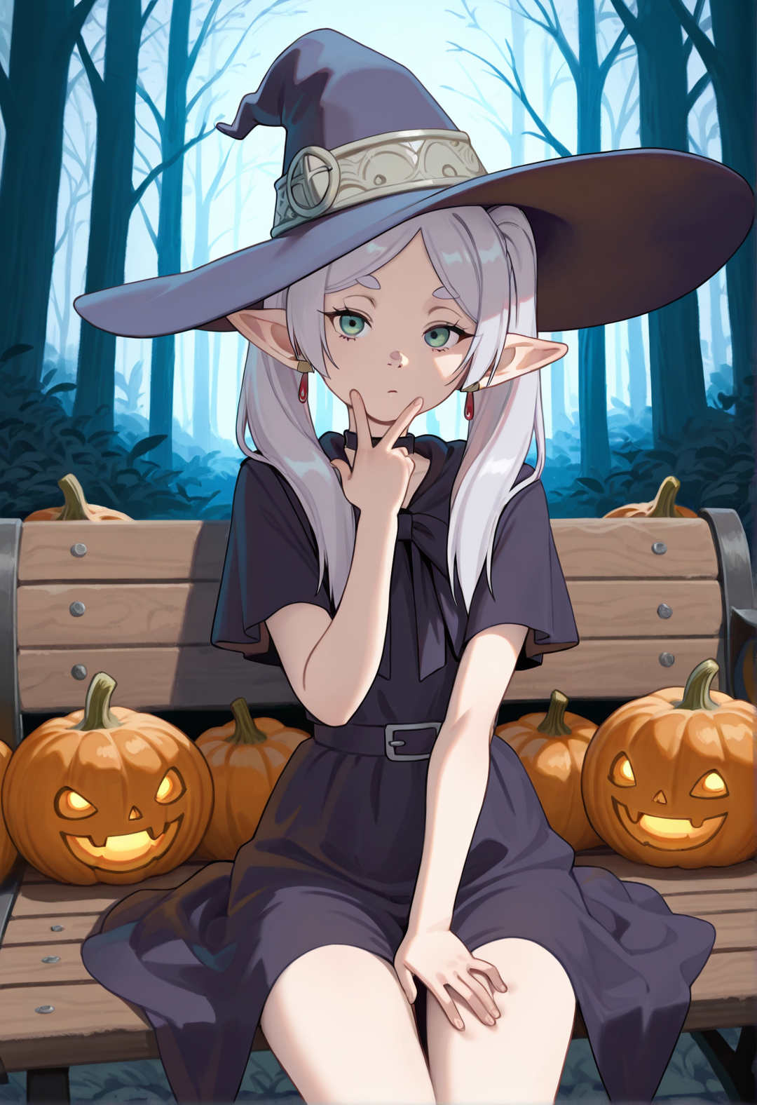 frieren, grey hair, hyper detailed, masterpiece, best quality, finely detailed, intricate detailed, solo, 1girl, cute, adult, long hair, slim, sitting, bench, witch hat, witch clothes, v hand, cowboy shot, pose, pumpkins, dark forest,   <lora:Marmalade_Mum_Style_IL:1>