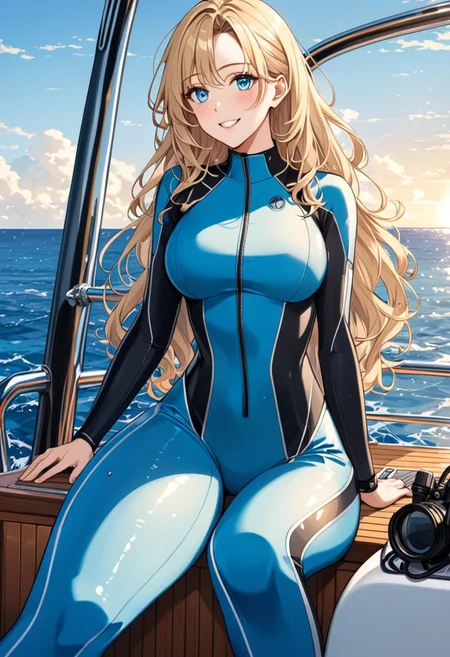 (anime, masterpiece, intricate:1.3), (best quality, hires textures, high detail:1.2), (4k),(incredibly detailed:1.4), perfect anatomy, correct sense of scale,
side lighting, feminine body, Beautiful white skin ,blond hair, long hair , high layer, high layer long. curly hair, shaggy cut, ponytail, beautiful shiny skin, blue eyes, marine blue eyes, drooping eyes, disheveled hair, oval-faced, slim, big breasts, lips, Sexy mouth, high pointed nose, (nostrils:1.3), neatly drawn nose, adult, ,1woman,woman in her 30s, beautiful fingers, whole body,
smile, bold pose, open mouth,
Ocean, luxury yacht, scuba diving equipment, scuba diving, scuba diving cylinder, BC jacket for scuba diving, diving fins,
flashy wet suit, Relax on board a luxury yacht, sitting next to scuba diving equipment, various poses, I have diving fins in my hand,