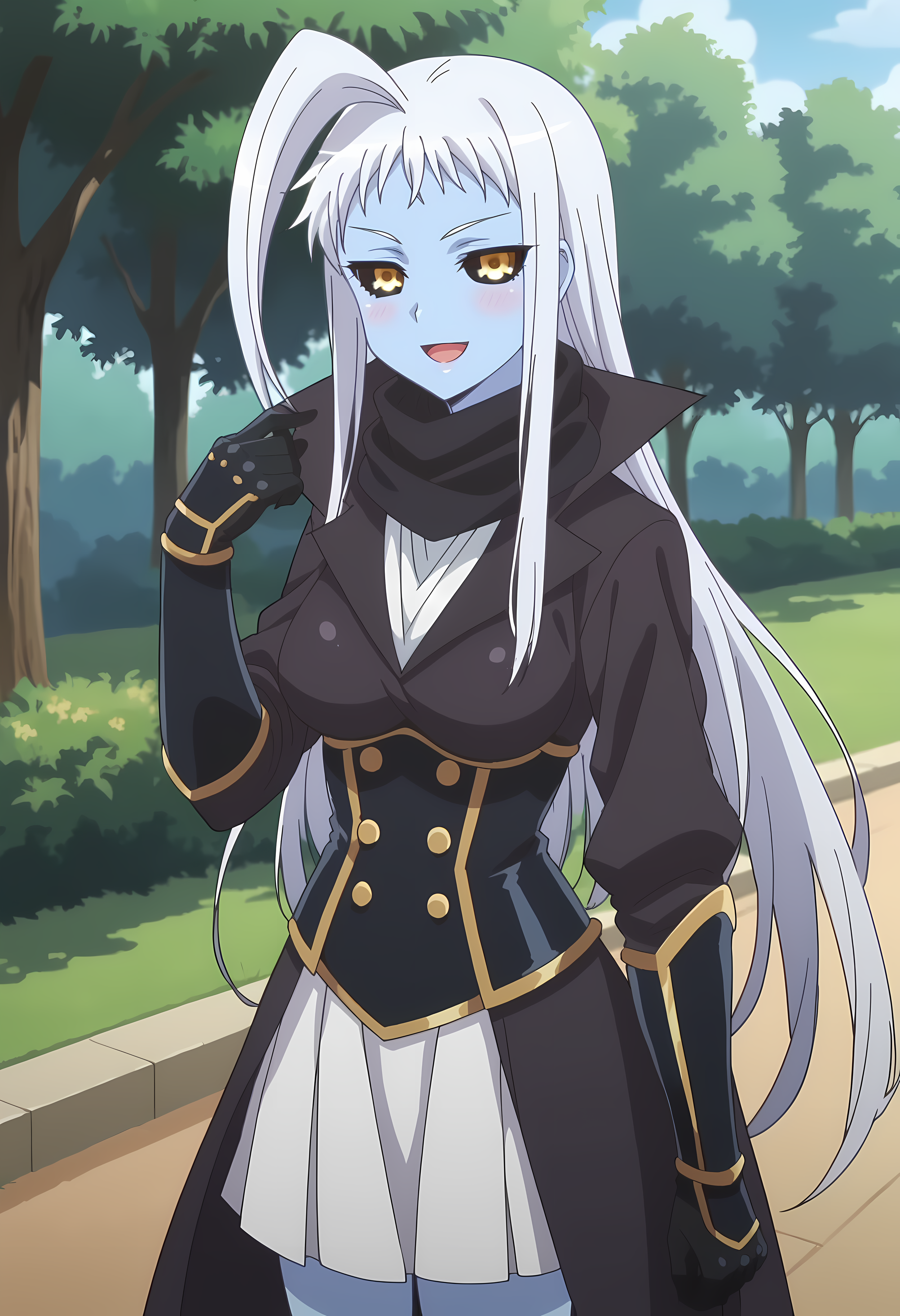 score_9, score_8_up, score_7_up, source_anime, 2d, LalaMM, 1girl, blue skin, white hair, long hair, black-yellow eyes, big breasts, black scarf, black coat, metal armor, metal gloves, white skirt,  anime coloring, anime screencap, detailed eyes, zPDXL, perfect faces, uncensored, rating_explicit,  <lora:lalamm_0-000035:1>, park, smile happy, open mouth, hand up,