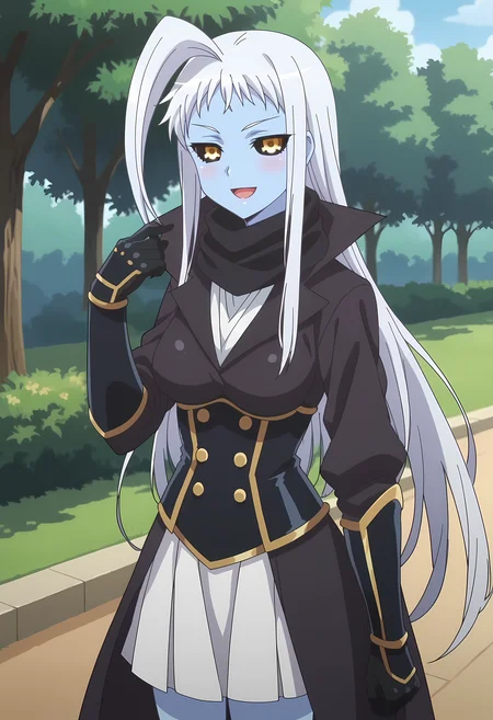 score_9, score_8_up, score_7_up, source_anime, 2d, LalaMM, 1girl, blue skin, white hair, long hair, black-yellow eyes, big breasts, black scarf, black coat, metal armor, metal gloves, white skirt, anime coloring, anime screencap, detailed eyes, zPDXL, perfect faces, uncensored, rating_explicit, <lora:lalamm_0-000035:1>, park, smile happy, open mouth, hand up,