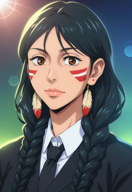 score_9, score_8_up, score_7_up, source_anime, intricate details, anime screencap, perfect balance, official art, extremely detailed CG unity 8k wallpaper, perfect lighting, Colorful, Warm_Front_face_Lighting, (masterpiece:1.0),(best_quality:1.0), ultra high res,4K,ultra-detailed, photography, 8K, HDR, highres, absurdres:1.2, Kodak portra 400, blurry background, bokeh, lens flare, (Anime) (vibrant_color:1.2), professional photograph, night, (cute_face:1.2), 2d, anime, upper body, intricate iris, American, Professional character design, 1girl, female focus, (Brown eyes), perfect eyes, (black-hair), Native American, Indigenous, American Indian, youthful, solo, jujutsu_kaisen_style, character portrait, (perfect-lighting), face, young, (Dark-black-hair), Long hair, (Native American), Indigenous, American Indian, (((wild eyes))), (Native North American), (Upturned eyes), (high cheekbones), (strong jawline), (Black Hair), ((((Native-American-Eagle-feather-braids, Native American Eagle feather accessories)))), (Black Cowboy Jacket), (((wild eyes))) ((Bobbed Bangs)) (((Slanted-Eyes))) (Psycho) (Happy) (Friendly) (Goofy) (Dark Black Jacket) (White Dress Shirt), (Warpaint), (Redwood Forest, Pacific Northwest Forests), (Inuit), (Tan skin), (Dark Skin), (Brown skin), (bobbed hair), White Eagle-Feather-Earrings, Thick Bangs, Bobbed hair, Bob-cut, White-Feather-Earrings, Brown-skin, Inuit Face-paint, Full-Bangs, Wide-Bangs, Thick-Hair, Native Face-paint, Black Tie