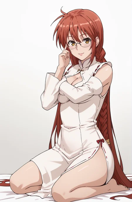 source_anime, anime screenshot, cowboy shot, from side, head turned to side, eyes looking at viewer, hand adjusting glasses, BREAK
1girl, solo, Matsu, (very long hair:1.2), red hair, (long red hair:1.3), (fishtail braid:0.5), (twin braid:0.8), thin braid, BREAK
brown eyes, glasses, soft smile, BREAK
white dress, cleavage cutout, detached sleeves, china dress, side slit, BREAK
seiza sitting, kneeling sit, seat cushion, indoor background, plain background
<lora:SekireiSet1:1>, score_9, score_8_up, score_7_up,1girl, solo,masterpiece, best quality, very aesthetic, absurdres