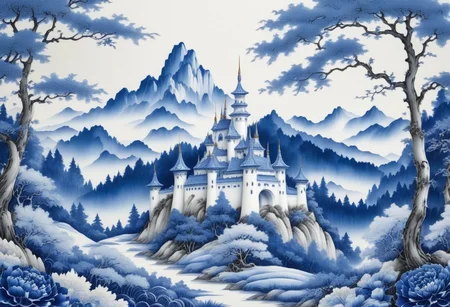 porcelain castle in Bluepatternporcelain, detailed calligraphy ornament,
mountain forest meadow background,