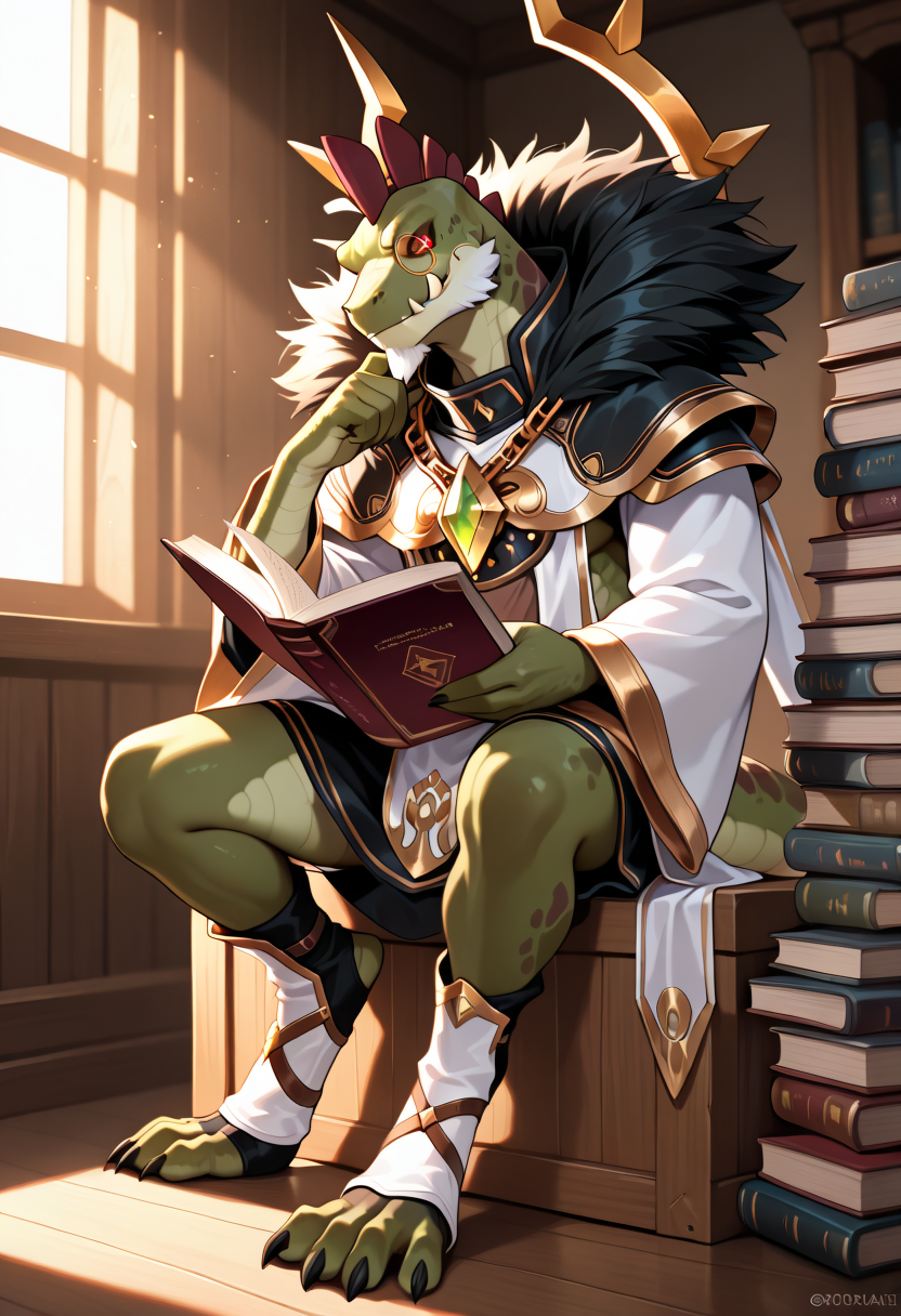 masterpiece, best quality,
KRDakaris, 1boy, solo, green skin, claws, wide sleeves, monocle, toeless legwear, digitigrade, miniskirt,white beard, reptile boy, red sclera, tusks, white coat, breast curtain, yellow eyes,green gemstone, chain necklace, black fur collar,upper body, sitting wooden box,(reading book:1.3), (quiet room:1.2),(stack of books:1.0), (soft lighting:1.1), (sunlight through window:1.0), stroke chin