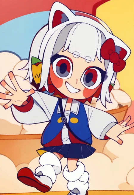 score_9, score_8_up, score_7_up BREAK HKGrl, 1girl, white hair, white bob cut, red gray eyes, pink cheeks, red hair bow, apple hairclips, white red cat ears, open white blue red yellow-button jacket, white buttoned undershirt, pleated dark blue skirt, long loose socks, red white shoes, full body, smiling at viewer,
