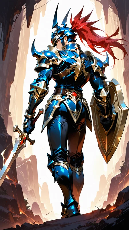 IllusP0s_1097608, (masterpiece), (best quality), (ultra-detailed), amazing quality, very aesthetic, illustration, perfect composition, intricate details, absurdres, incredibly absurdres, BREAK,1 male,
<lora:Black_Luster_Soldier_yugioh:0.8>, long hair, red hair, red eyes, helmet, horned helmet, armor, shoulder armor, holding sword, hold shield, spikes,spikes armored boots, sword,long sword,long single braid, Black Luster Soldier , in a crytal cave Over-the-shoulder, capturing part of the back and the subject's forward view chiaroscuro lighting spinning with a twin-bladed dual sword, perfect balance in motion cropped shoulders