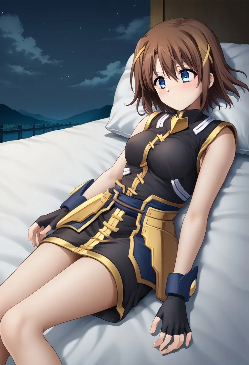 score_9, score_8_up, score_7_up, source_anime, good anatomy, 1girl, solo, HayateYagami, brown hair, short hair, x hair ornament, blue eyes, black dress with gold trim, short dress, fingerless gloves, bare shoulders, bare legs, no corset, night sky, lying, on side, panting, blushing, (((no waist cape, no corset, no faulds)))