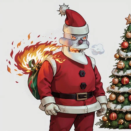 score_9, score_8_up, score_7_up, score_6_up, rating_safe,
r0b0t_s4nta_c1aus, solo, santa hat, santa_costume, pants,  christmas headwear, christmas clothing, solo, laughing manically, breathing fire on christmas tree,
simple background,