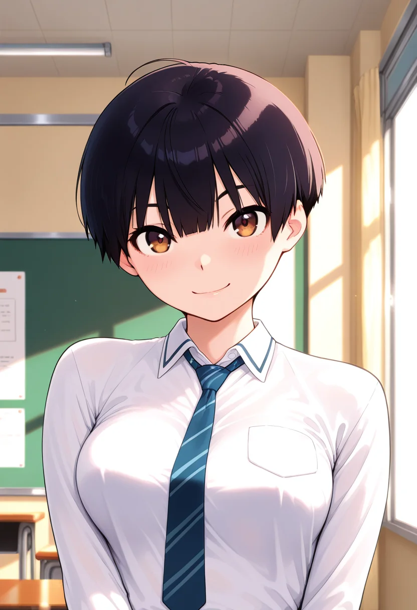 masterpiece, best quality, amazing quality, 1girl, solo, (portrait:1.2), makoww, tomboy, brown eyes, black hair, short hair, medium breasts, school uniform, necktie, collared shirt, long sleeves, looking at viewer, smile, indoors, day, skindentation, detailed clothing folds, depth of field, sharp, high contrast, dynamic light <lora:Kaneute_Mako_Kanente-san_to_ill_v21:0.9>