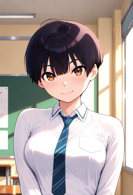 masterpiece, best quality, amazing quality, 1girl, solo, (portrait:1.2), makoww, tomboy, brown eyes, black hair, short hair, medium breasts, school uniform, necktie, collared shirt, long sleeves, looking at viewer, smile, indoors, day, skindentation, detailed clothing folds, depth of field, sharp, high contrast, dynamic light <lora:Kaneute_Mako_Kanente-san_to_ill_v21:0.9>