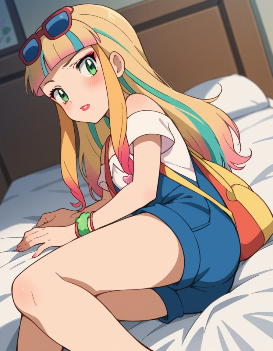 score_9, score_8_up, score_7_up, source_anime,
pokemonrisa, <lora:pokemon-risa-movie-ponyxl-lora-nochekaiser:1>,
risa, long hair, bangs, blonde hair, green eyes, multicolored hair, blunt bangs, makeup, lipstick,
shirt, jewelry, short sleeves, heart, bracelet, sunglasses, eyewear on head, overalls, overall shorts,
indoors, bed, bed room, on side, blush, drunk,
looking at viewer, cowboy shot, solo, dutch angle,