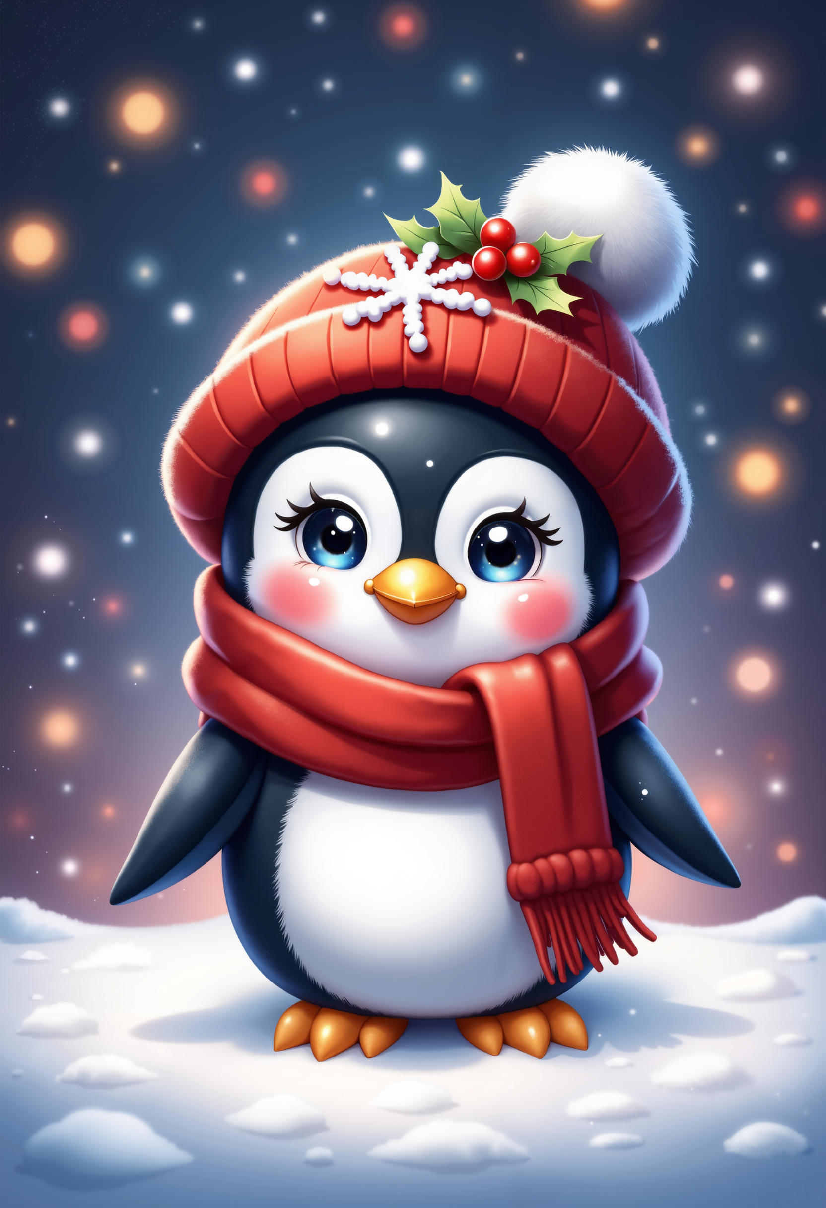 bo-christmas, christmas mood, a digital illustration in a whimsical, cartoonish style, it depicts a small, cute penguin standing on a snow-covered ground, the penguin has a fluffy, white body with black patches on its face and belly, and its large, expressive blue eyes are framed by thick, dark eyelashes, its beak is small and yellow, and it wears a red beret with a pom-pom on top, adorned with a white snowflake and a sprig of holly, the beret is wrapped in a red scarf, and the scarf is tied around its neck, the background is a gradient of dark blue and purple, with bokeh lights in the distance, creating a soft, dreamy atmosphere, the snowflakes gently fall, adding a touch of winter wonderland to the scene, the texture of the snow is soft and fluffy, with a slight sheen, enhancing the ethereal quality of the illustration, the overall color palette is warm and inviting, with soft, muted tones that enhance the cozy, festive atmosphere, high quality, ultra detailed, colorful, abstract, fantasy.<lora:Flux\boFLUX Christmas Dreams.safetensors:1.0:1.0>