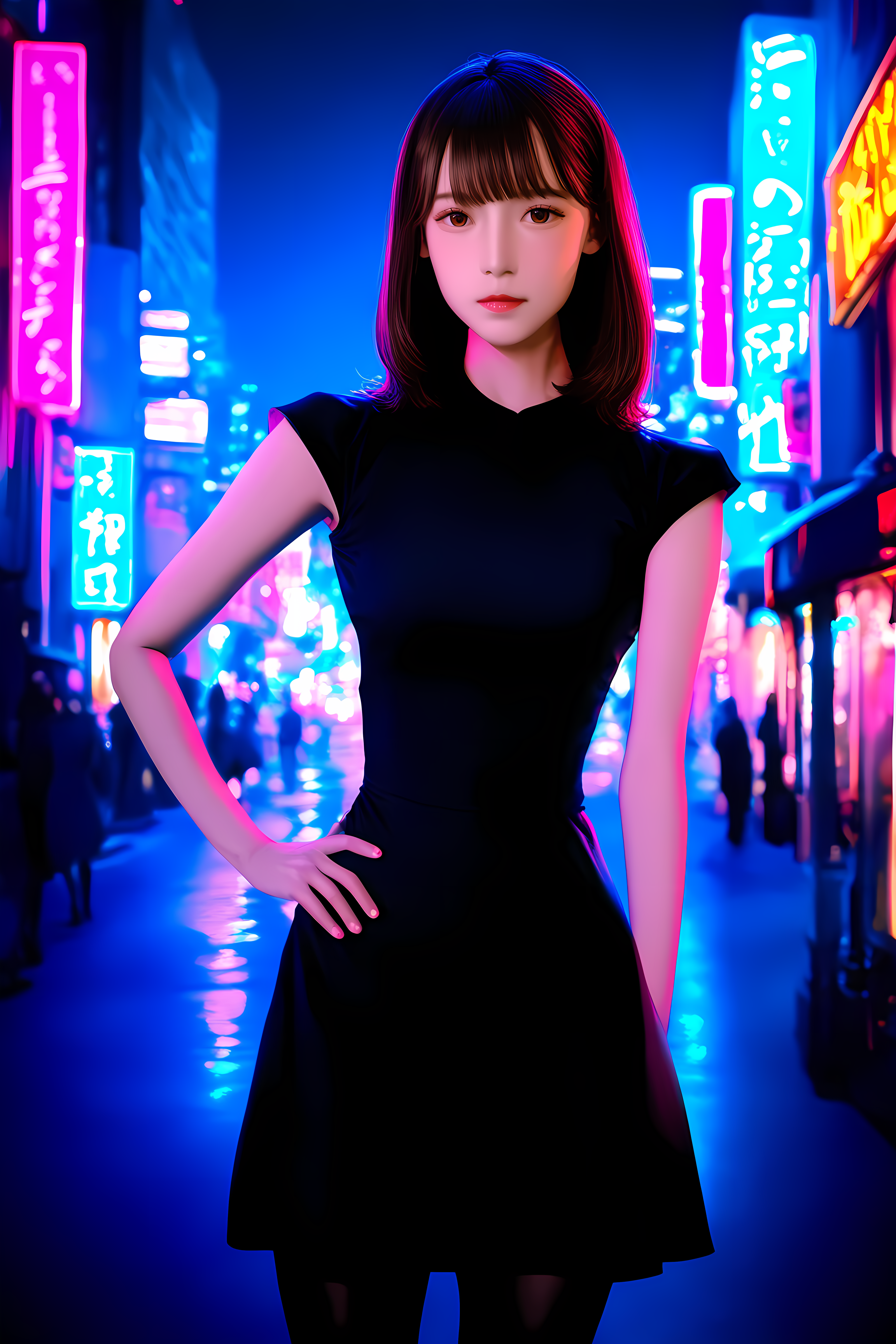 1girl, cosplay photo, upper body, medium hair, brown hair, brown eyes, black dress, cap sleeves, black pantyhose, hand on own hip, outdoors, city, street, neon lights, night, night sky <lora:CapSleeves_NAI_vp:1>