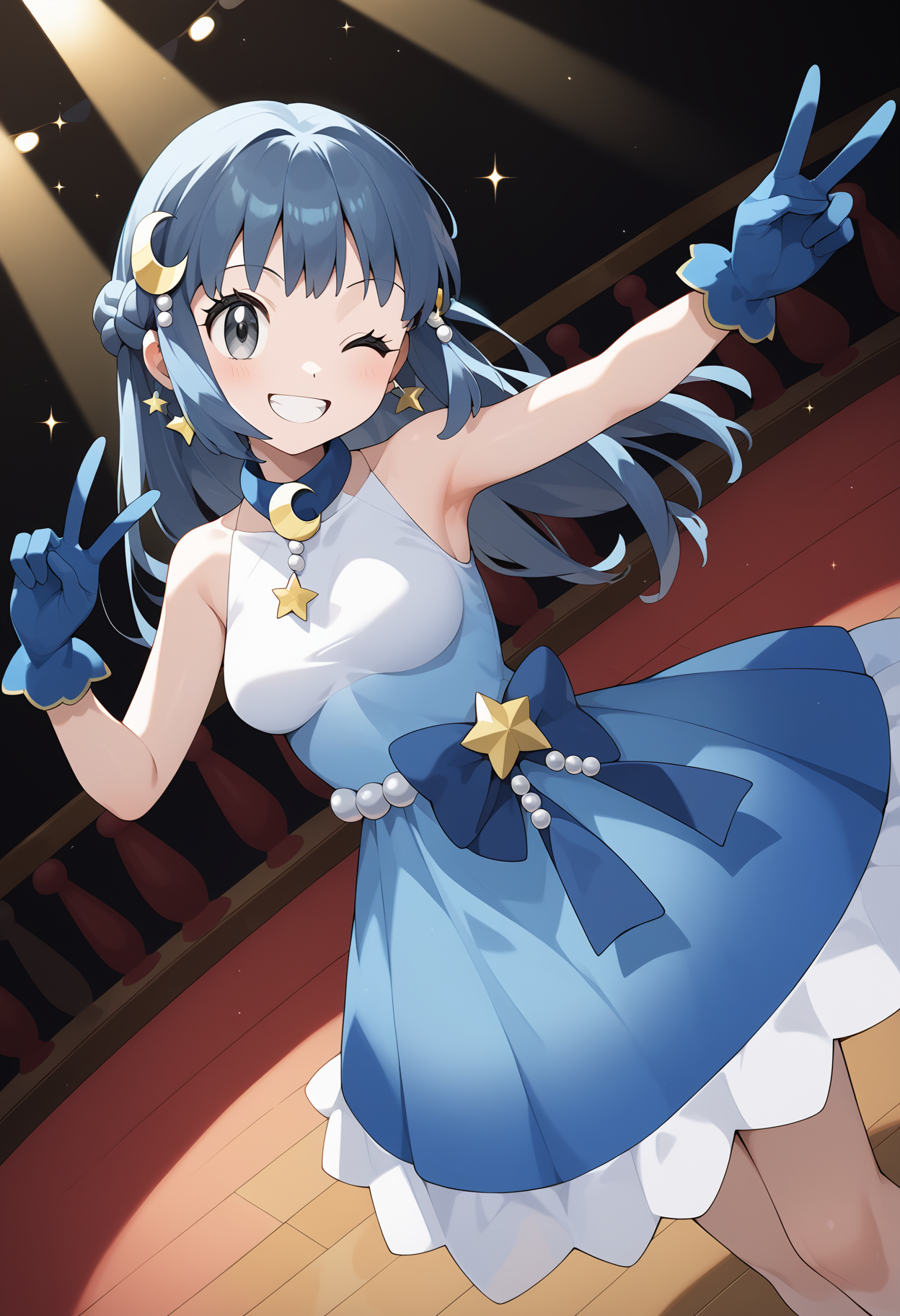 score_9, score_8_up, score_7_up, score_6_up, score_5_up, score_4_up, source_anime, aadawn, long hair, blue hair, braid, crescent hair ornament, grey eyes, breasts, gradient dress, blue dress, sleeveless, blue gloves, blue bow, <lora:dawn_(pokemon)_ponyxl_v1:0.9>, peace sign, smile, grin, one eye closed, stage,