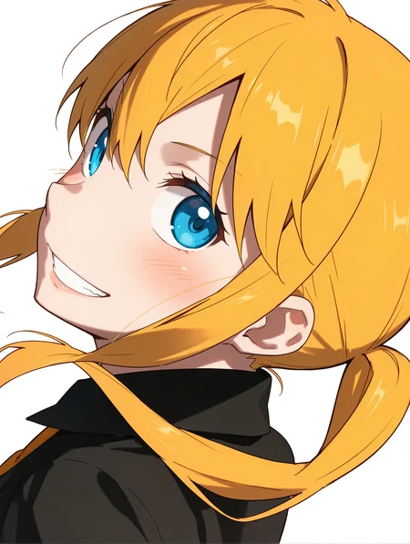 masterpiece,best quality,newest,1girl,solo,
<lora:kageyama_torako_ilxl_v1.1:1>,torako,h_clothes,black collar shirt,<lora:Fixhands_anime_bdsqlsz_V1:1>,light_blush,cinematic_angle,looking_at_viewer,parted lips,white_background,simple_background,dynamic_angle,upper_body,profile,grin,