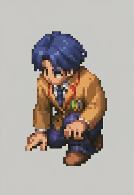 score_9, score_8_up, score_7_up, source_anime BREAK, 1boy, white background, plain background
<lora:FFT-SpritesV2-pdxl_Fp:1> full body, kneeling, pixel art, pixel art, from side
<lora:zs_TakumiXL:1> takumichaos, short hair, blue hair, brown eyes, blazer, shirt, blue necktie, plaid pants
