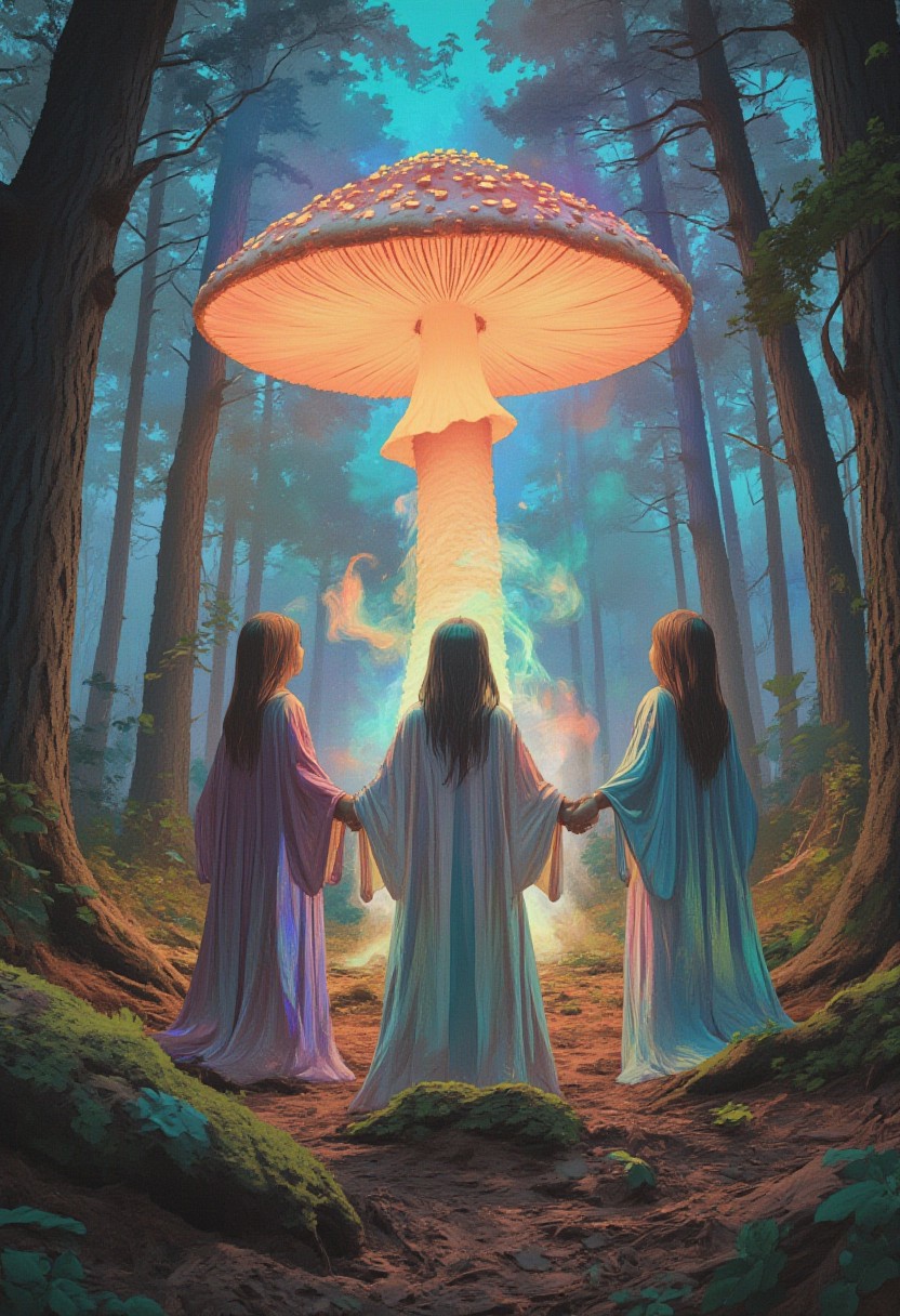 comic art by Mike Allred, 
A dreamlike forest clearing bathed in a soft, pastel light. In the center, a large, glowing mushroom serves as an altar, surrounded by figures in flowing, iridescent robes. They hold hands in a circle, their eyes closed in deep concentration as wisps of colorful smoke rise from the ground., 
in the style of decaying animatronic, claymation, VHS screen grab, grainy, old footage, in the style of an old 80's VHS dark fantasy, VHS screen grab, grainy, old footage
art by torikun, SentinelBot, OBxiaoxiang